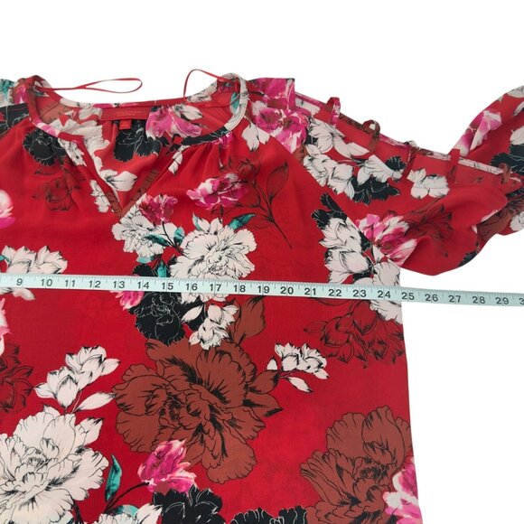 Jennifer Lopez Women SZ XL Red Floral Cold Shoulder Top Blouse V neck - Picture 5 of 14